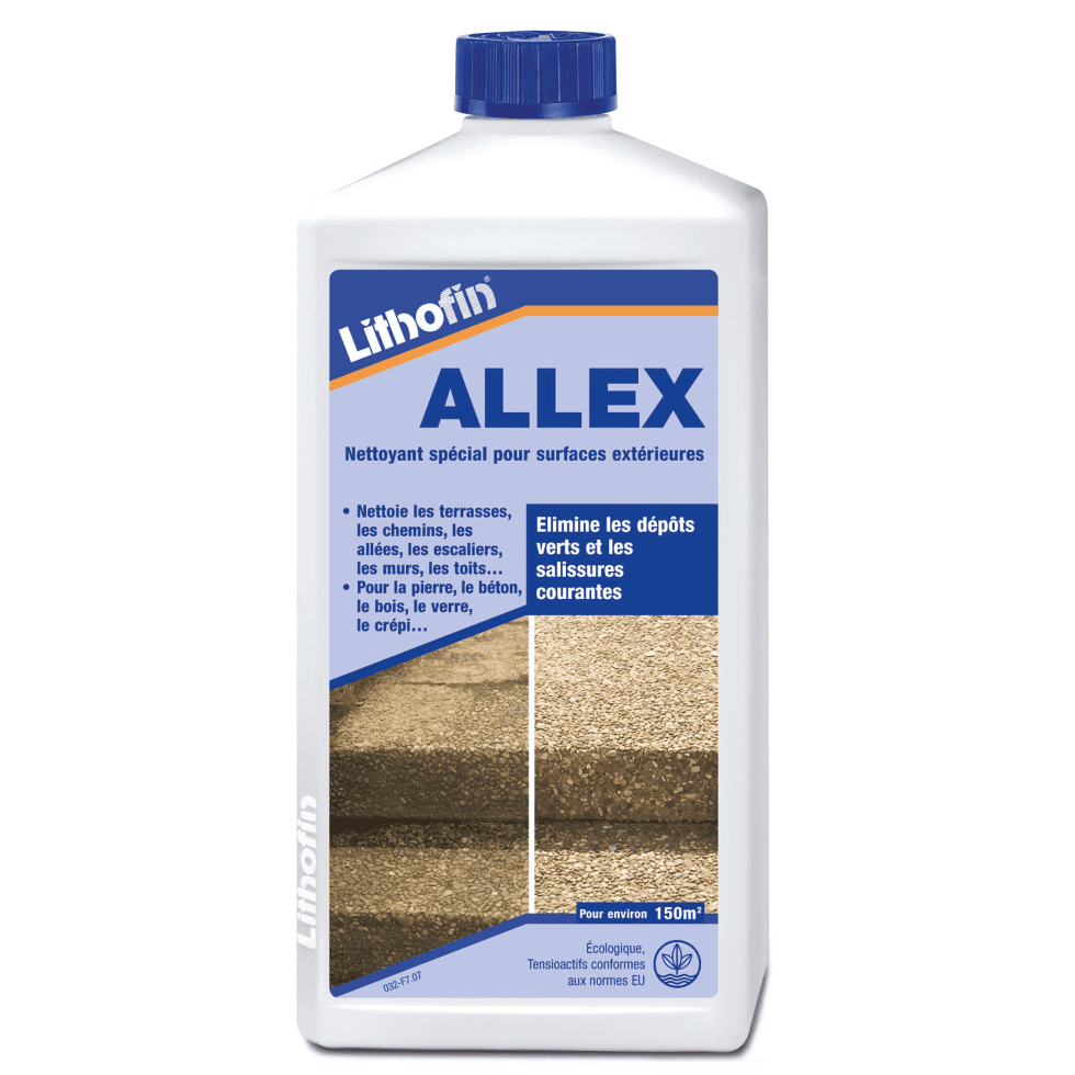 Lithofin Allex 1L Découvrez la puissance du Lithofin Allex qui est spécialement conçu pour le nettoyage préventif de surfaces extérieures telles que les escaliers, les allées, les terrasses, les murs, et sur divers matériaux tels que le béton, la pierre naturelle, la brique, le crépi, le bois, etc. Il convient également au nettoyage des toitures et des pierres tombales. Pour un nettoyage curatif avec des résultats immédiats, notre recommandation est le Lithofin Mn Nettoyant Extérieur. Préservez la propreté et la sécurité de vos espaces extérieurs grâce à nos solutions efficaces. Dans vos magasins Ozaé Graviers déco, spécialiste dans la vente de matériaux dédiés à l'aménagement extérieur.