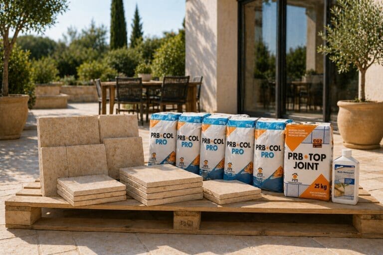 Pack terrasse prêt à poser avec dallage pierre naturelle, colle, joint et produit d’entretien